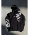 Lushiowear Erkek 3 İplik Pamuklu Kapüşonlu Baskılı Cepli Oversize Sweatshirt Hoodie - Siyah