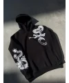 Lushiowear Erkek 3 İplik Pamuklu Kapüşonlu Baskılı Cepli Oversize Sweatshirt Hoodie - Siyah