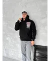 Lushiowear Erkek Kapüşonlu Kanguru Cepli Sweatshirt 3 İplik Pamuklu Baskılı Hoodie - Siyah