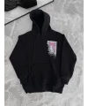 Lushiowear Erkek Kapüşonlu Kanguru Cepli Sweatshirt 3 İplik Pamuklu Baskılı Hoodie - Siyah