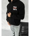 Lushiowear Erkek Kapüşonlu Kanguru Cepli Sweatshirt 3 İplik Pamuklu Baskılı Hoodie - Siyah