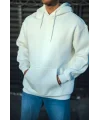 Lushiowear Erkek 3 İplik Pamuklu Kapüşonlu Basic SweatShirt Hoodie - Beyaz