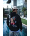 Lushiowear Erkek 3 İplik Pamuklu Kapüşonlu Baskılı Cepli Oversize Sweatshirt Hoodie - Siyah