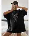 Lushiowear Kadın Fiyonk Baskılı T-Shirt Kısa Kol Bisiklet Yaka Oversize Tişört - Siyah