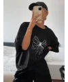 Lushiowear Kadın Fiyonk Baskılı T-Shirt Kısa Kol Bisiklet Yaka Oversize Tişört - Siyah