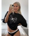 Lushiowear Kadın Fiyonk Baskılı T-Shirt Kısa Kol Bisiklet Yaka Oversize Tişört - Siyah