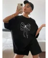 Lushiowear Kadın Fiyonk Baskılı T-Shirt Kısa Kol Bisiklet Yaka Oversize Tişört - Siyah