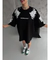 Lushiowear Kadın Kısa Kol Yazlık Tişört Bisiklet Yaka Baskılı Oversize T-Shirt - Siyah