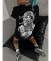 Lushiowear Kadın Kısa Kol Tişört Bisiklet Yaka Filistin Poşülü Baskılı T-Shirt - Siyah