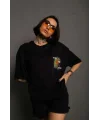Lushiowear kadın Bisiklet Yaka Baskılı Oversize Kısa kol T-Shirt - Siyah