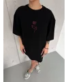 Lushiowear kadın Bisiklet Yaka Baskılı Oversize  Kısa kol T-Shirt - Siyah