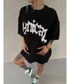 Lushiowear kadın Bisiklet Yaka Baskılı Oversize Kısa kol  T-Shirt - Siyah