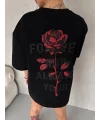 Lushiowear kadın Bisiklet Yaka Baskılı Oversize  Kısa kol T-Shirt - Siyah
