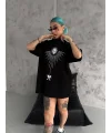 Lushiowear kadın Bisiklet Yaka Baskılı Oversize  Kısa kol T-Shirt - Siyah