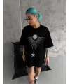 Lushiowear kadın Bisiklet Yaka Baskılı Oversize  Kısa kol T-Shirt - Siyah