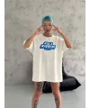 Lushiowear Kadın Kısa Kol Yazlık Tişört Bisiklet Yaka Baskılı Oversize T-Shirt - Beyaz