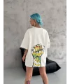 Lushiowear Kadın Kısa Kol Yazlık Tişört Bisiklet Yaka Baskılı Oversize T-Shirt - Beyaz