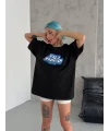 Lushiowear Kadın Kısa Kol Yazlık Tişört Bisiklet Yaka Baskılı Oversize T-Shirt - Siyah