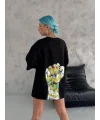 Lushiowear Kadın Kısa Kol Yazlık Tişört Bisiklet Yaka Baskılı Oversize T-Shirt - Siyah