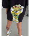 Lushiowear Kadın Kısa Kol Yazlık Tişört Bisiklet Yaka Baskılı Oversize T-Shirt - Siyah