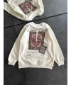 Lushiowear Kadın Bisiklet Yaka Kilim Halı Baskılı 3 İplik Pamuklu Sweatshirt - Beyaz