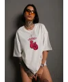 Lushiowear kadın Bisiklet Yaka Boks Eldiven Baskılı Oversize T-Shirt - Beyaz