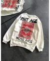 Lushiowear Kadın Bisiklet Yaka 3 İplik Baskılı Oversize SweatShirt - Beyaz