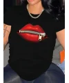 Lushiowear Kadın Kısa Kol Yazlık Tişört Bisiklet Yaka Dudak Baskılı T-Shirt - Siyah
