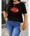 Lushiowear Kadın Kısa Kol Yazlık Tişört Bisiklet Yaka Dudak Baskılı T-Shirt - Siyah