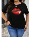 Lushiowear Kadın Kısa Kol Yazlık Tişört Bisiklet Yaka Dudak Baskılı T-Shirt - Siyah