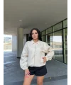 Lushiowear Kadın Fermuarlı Gömlek Yaka Bomber Ceket - Beyaz