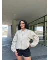 Lushiowear Kadın Fermuarlı Gömlek Yaka Bomber Ceket - Beyaz