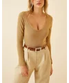 Lushiowear Kadın Fitilli Likralı Body Crop - Camel