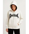 Lushiowear Kadın Kapüşonlu 3 İplik Pamuklu Önü Baskılı Fermuarlı Oversize Hoodie Sweatshirt - Beyaz