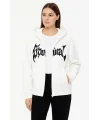 Lushiowear Kadın Kapüşonlu 3 İplik Pamuklu Önü Baskılı Fermuarlı Oversize Hoodie Sweatshirt - Beyaz