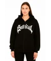 Lushiowear Kadın Kapüşonlu 3 İplik Şardonlu Önü Baskılı Fermuarlı Oversize Sweatshirt - Siyah