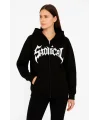 Lushiowear Kadın Kapüşonlu 3 İplik Şardonlu Önü Baskılı Fermuarlı Oversize Sweatshirt - Siyah