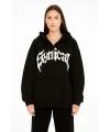 Lushiowear Kadın Kapüşonlu 3 İplik Şardonlu Önü Baskılı Fermuarlı Oversize Sweatshirt - Siyah
