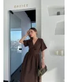 Lushiowear Kadın Kısa Kollu Uzun Elbise - Kahve