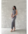 Lushiowear Kadın Kolsuz Yırtmaçlı Uzun maxı boy Elbise - Gri