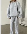Lushiowear Kadın Nakış İşlemeli 3 İplik Pamuklu Sweat Alt-Üst Takım- Gri