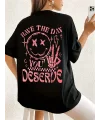 Lushiowear Kadın Kısa Kol Yazlık Tişört Bisiklet Yaka Baskılı Oversize T-Shirt - Siyah