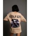 Lushiowear Kadın Oversize Tişört Golf GTI Retro Araba Baskılı T-shirt - Bej