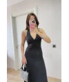 Lushiowear Kadın Sırt dekolteli Uzun Elbise - Siyah