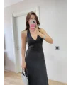 Lushiowear Kadın Sırt dekolteli Uzun Elbise - Siyah