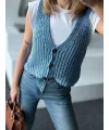 Lushiowear Kadın Triko Kolsuz dokuma Düğmeli Yelek - Mavi