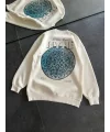 Lushiowear Kadın 3 İplik Pamuklu Bisiklet Yaka Baskılı SweatShirt - Beyaz