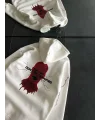 Lushiowear Kadın Kapüşonlu Kanguru Cepli Sweatshirt 3 İplik Pamuklu Baskılı Hoodie - Beyaz