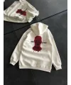 Lushiowear Kadın Kapüşonlu Kanguru Cepli Sweatshirt 3 İplik Pamuklu Baskılı Hoodie - Beyaz