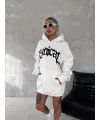 Lushiowear Kadın Oversize Kapüşonlu Cepli Baskılı 3 İplik Pamuklu Hoodie Sweatshirt - Beyaz